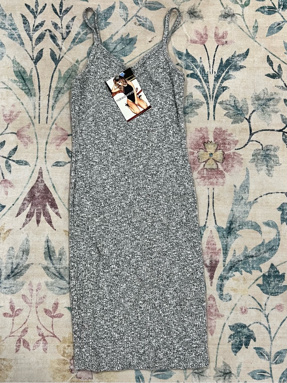 naked wardrobe Silver Ribbed Knit Midi Slip Dress